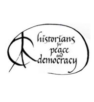 logo for Historians for Peace and Democracy with a partial circle surrounding calligraphy-style lower-case text and a peace sign on the left